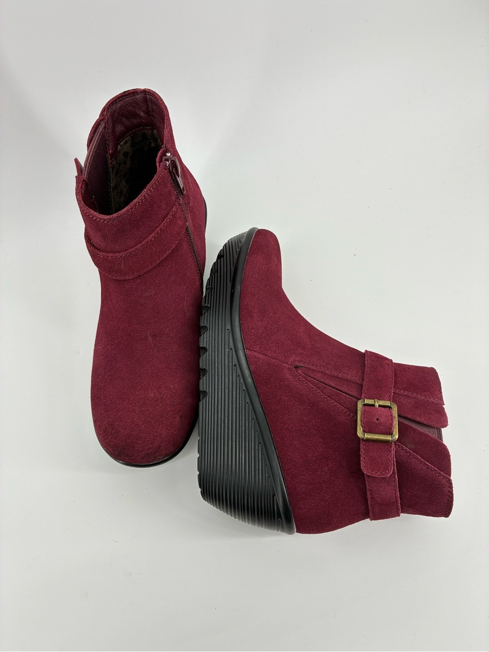 Women’s Burgundy Suede Wedge Ankle Boot with Buckle